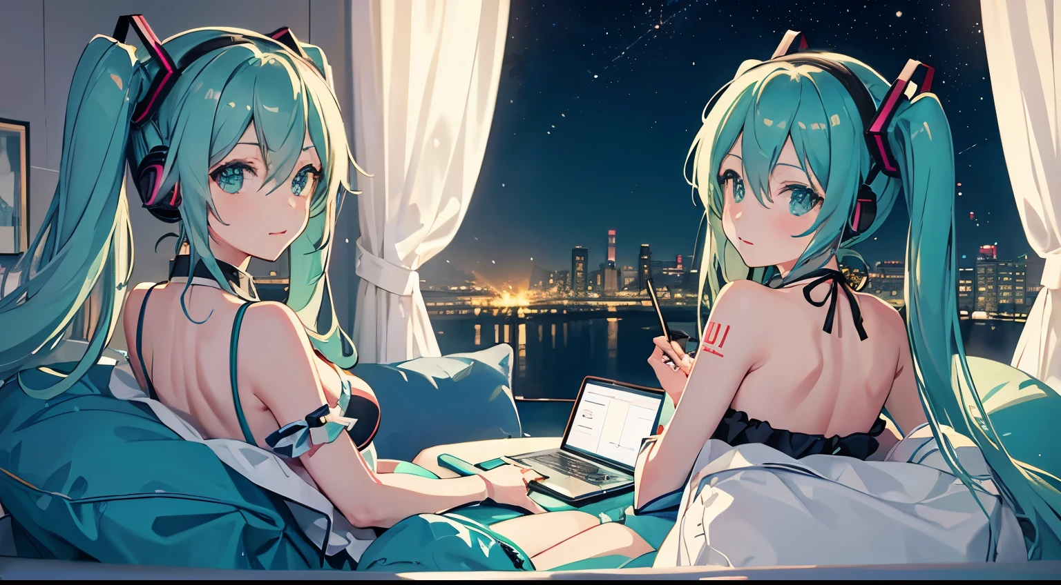 Lying on the bed、Studying on a laptop、Naked Hatsune Miku、Beautiful night view outside the window