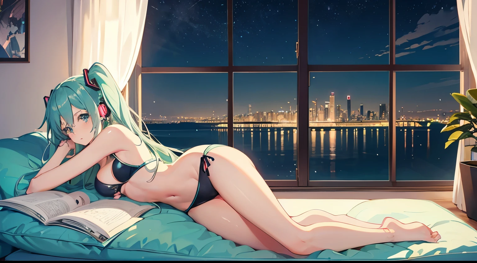 On the sofa with headphones、Studying on a laptop、Hatsune Miku in a bikini、Beautiful night view outside the window