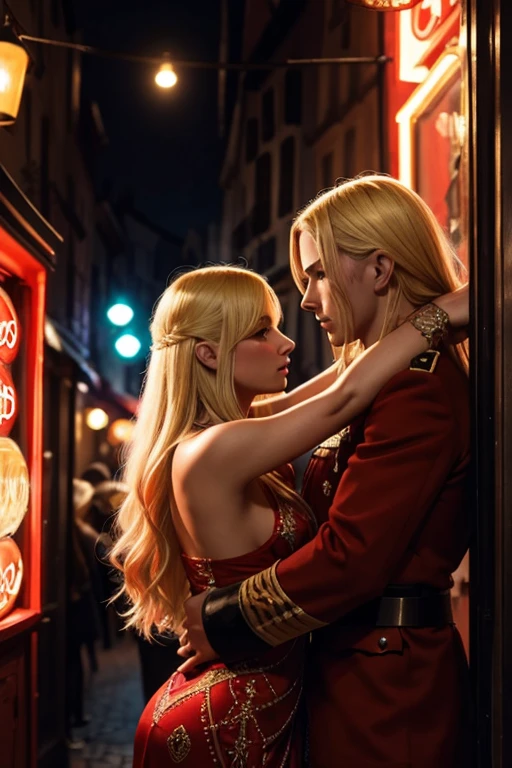 Exotic dancer with long blonde hair in the red light district of France 1920s with dress and blonde hair soldier looking at her intensely 