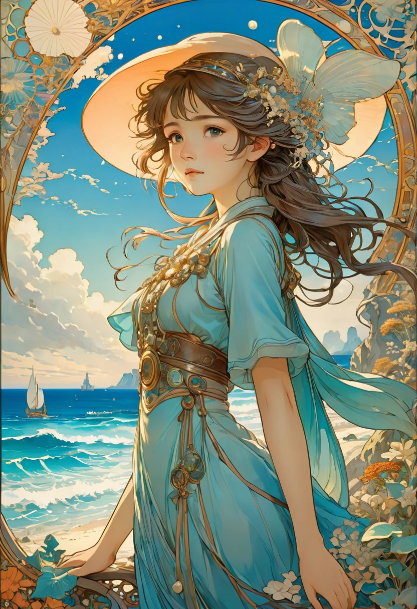 Blue Coast, beach, by Studio Ghibli and Alphonse Mucha, best quality, masterpiece, very aesthetic, perfect composition, intricate details, ultra-detailed