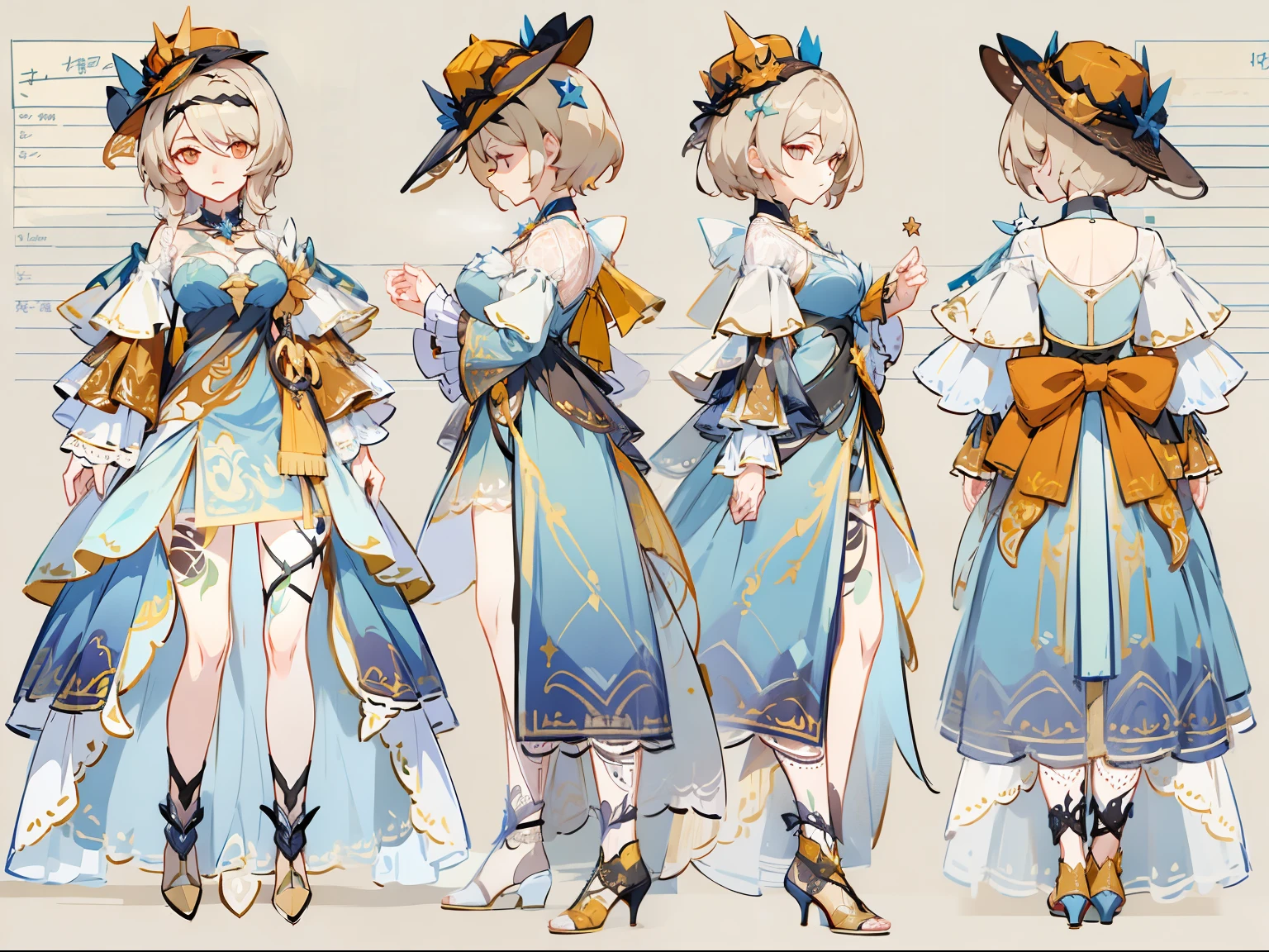 (Masterpiece, best quality) detailed, Detailed face, honkai star rail character, character sheet, full bodyesbian, many items (same person, dress, necklace, lace, bow, hat, shoes, decoration, many parts), aristocratic woman, gentle, good-looking skirt, full of details, clear outfit design