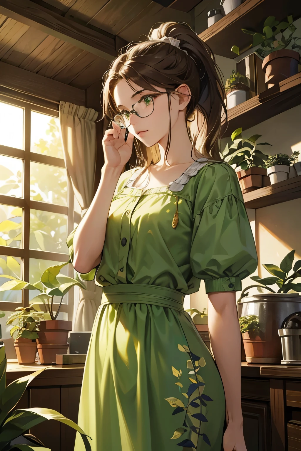 Anime girl in green dress standing in front of a window - SeaArt AI