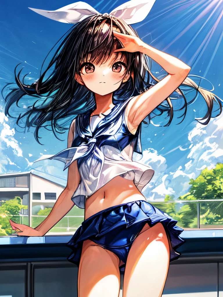 Create an image of a girl, school swimsuit, classroom, vibrant blue sky. The image should capture the essence of summer, with a warm and sunny background. The girl should be in a typical summer pose, with a high-contrast effect and a subtle glow. The upper part of the screen should have a darker tone, gradually transitioning into a brighter tone towards the bottom.