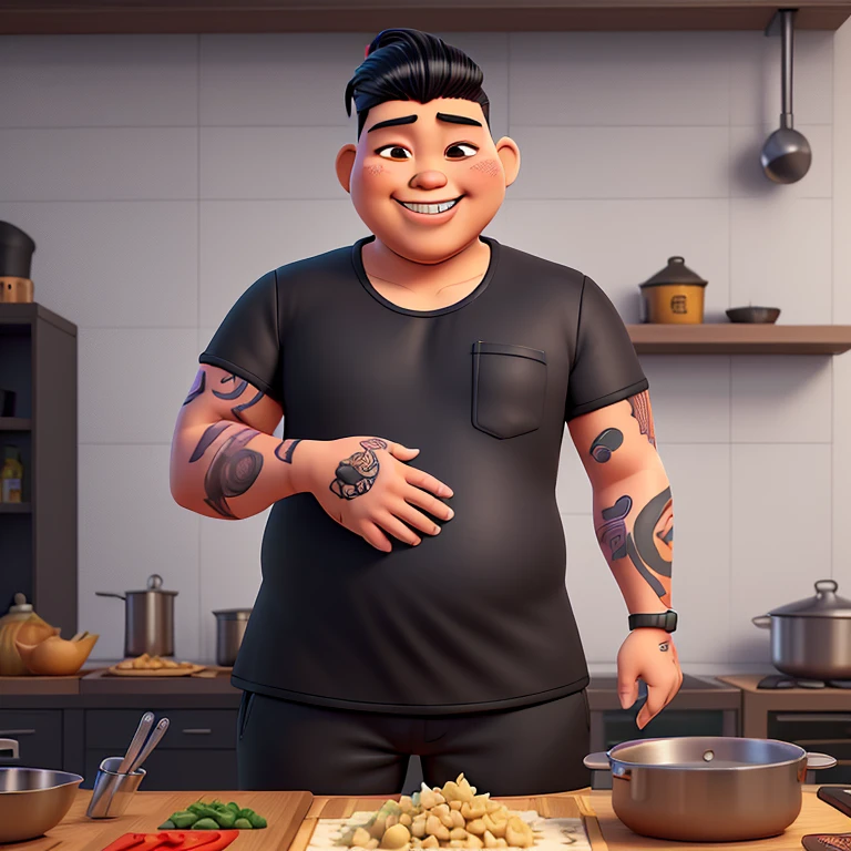 fat asian guy smiling while cooking chicken curry with rice. he's sleeves full of tattoo. he's using black shirt, short pant, sandal, and his hair model is slick man bun with undercut taper fade. animated