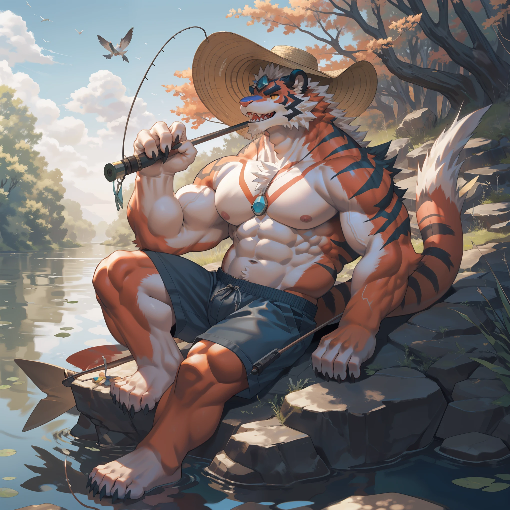 human nature(Tiger),(Cinnabar:1.2),Tail,((whole body,Orange body, White fluffy, Black Hand, black foot, Orange Face,5 fingers,5 toes,Tail )),(((fishing rod))),muscular, (fishing rods through hat) Detailed hands, Sharp Teeth, river, ((Sitting in a canoe)), fishing, ((straw hat)) , fishing rod, nipple, shorts, whole body, (author：Empty Ghost,From raccoon21,masterpiece,high quality)