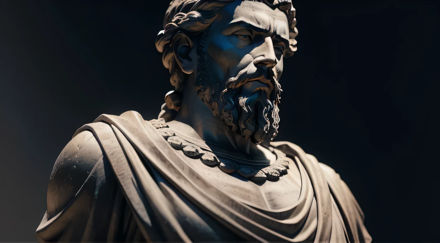 Realistic statue with an all-black background of the ancient philosopher Marcus Aurelius pensive. obra-prima, melhor qualidade, Textura 8K, altamente detalhados, realista, soft cinematic light, HDR, sharp focus, obra-prima, Fotorrealista, fotografia premiada, Canon EOS R5, 35mm.