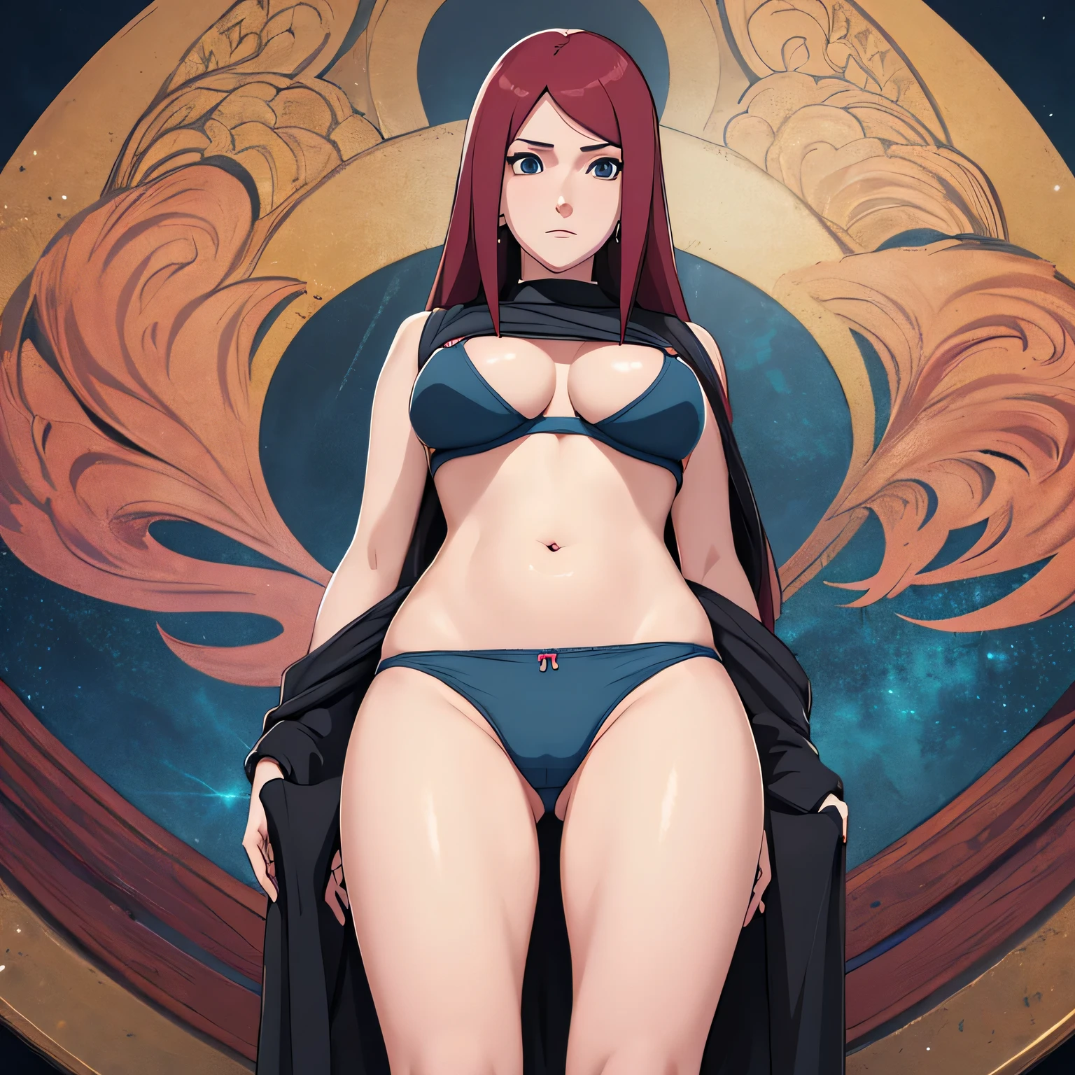 (masterpiece), best quality, perfect back, 4k, UHD, ultra detailed, clean image, denoise, 1girl, solo, Kushina Uzumaki, big breast, withe bra and small panties , earrings, showing her big bottom and tite pussy closeup camera