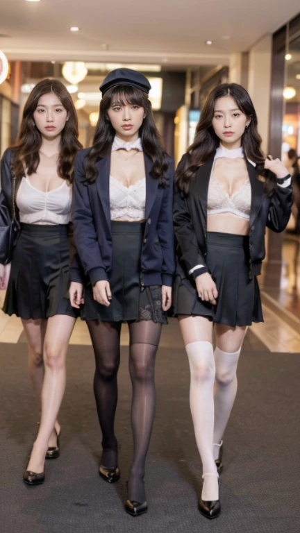 (At sunset:1.6)、Inspired by the 007 movie、Tense atmosphere、Dramatic、(Original Photography、8K、Masterpiece、high resolution、very complicated)、(Top quality)、(Reality的:1.4)、(Full body female love:1.6)、Movie Lighting 、summer、Heat、Exquisite girl、 Exquisite facial features、3 beautiful women、20 years old、tall and sexy、((3 beautiful women站在楼顶))、Long wavy hair、(Fashionable headwear:1.6)、(Very detailed)、Single focus、((Perfect body))、(School uniform jacket、Lace suspender pantyhose:1.2)、(复杂的School uniform jacket、badge、stripe、Pattern、Cleavage)、(Large cleavage)、(Very long legs:1.8)、(Reality)、3 women together、The night view of Tokyo Tower is in the background