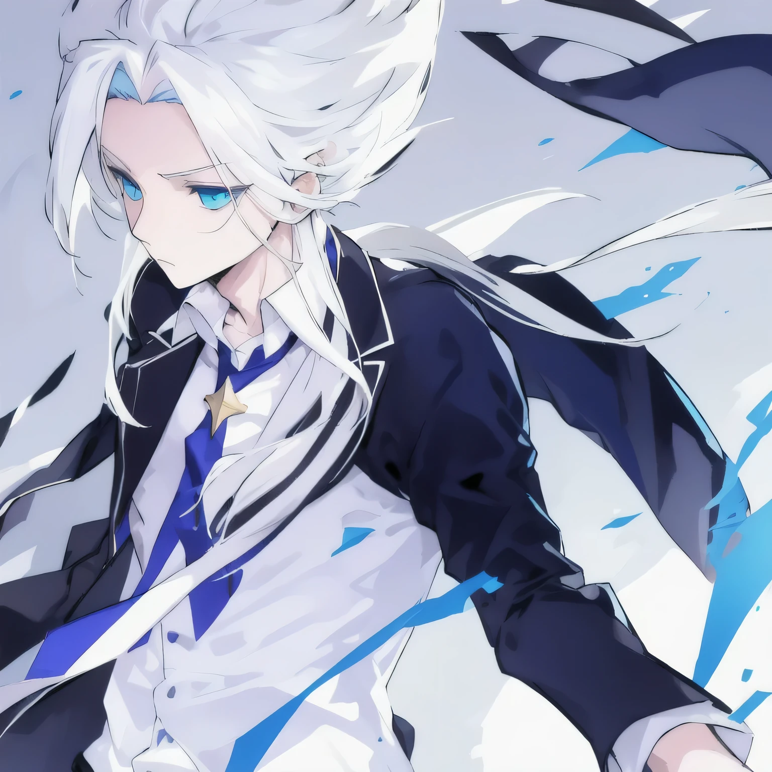 1boy, solo, male focus, white hair, necktie, spiked hair, long hair, blue eyes, collared shirt, 