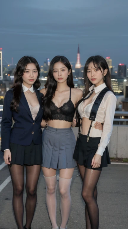 (At sunset:1.6)、Inspired by the 007 movie、Tense atmosphere、Dramatic、(Original Photography、8K、Masterpiece、high resolution、very complicated)、(Top quality)、(Reality的:1.4)、(Full body female love:1.6)、Movie Lighting 、summer、Heat、Exquisite girl、 Exquisite facial features、2 beautiful women、20 years old、tall and sexy、((Three beautiful women standing on the roof))、Long wavy hair、(wet hair:1.6)、(Very detailed)、Single focus、((Perfect body))、(School uniform jacket、Lace suspender pantyhose:1.2)、(复杂的School uniform jacket、badge、stripe、Pattern、Cleavage)、(Large cleavage)、(Very long legs:1.8)、(Reality)、3 women together、The night view of Tokyo Tower is in the background