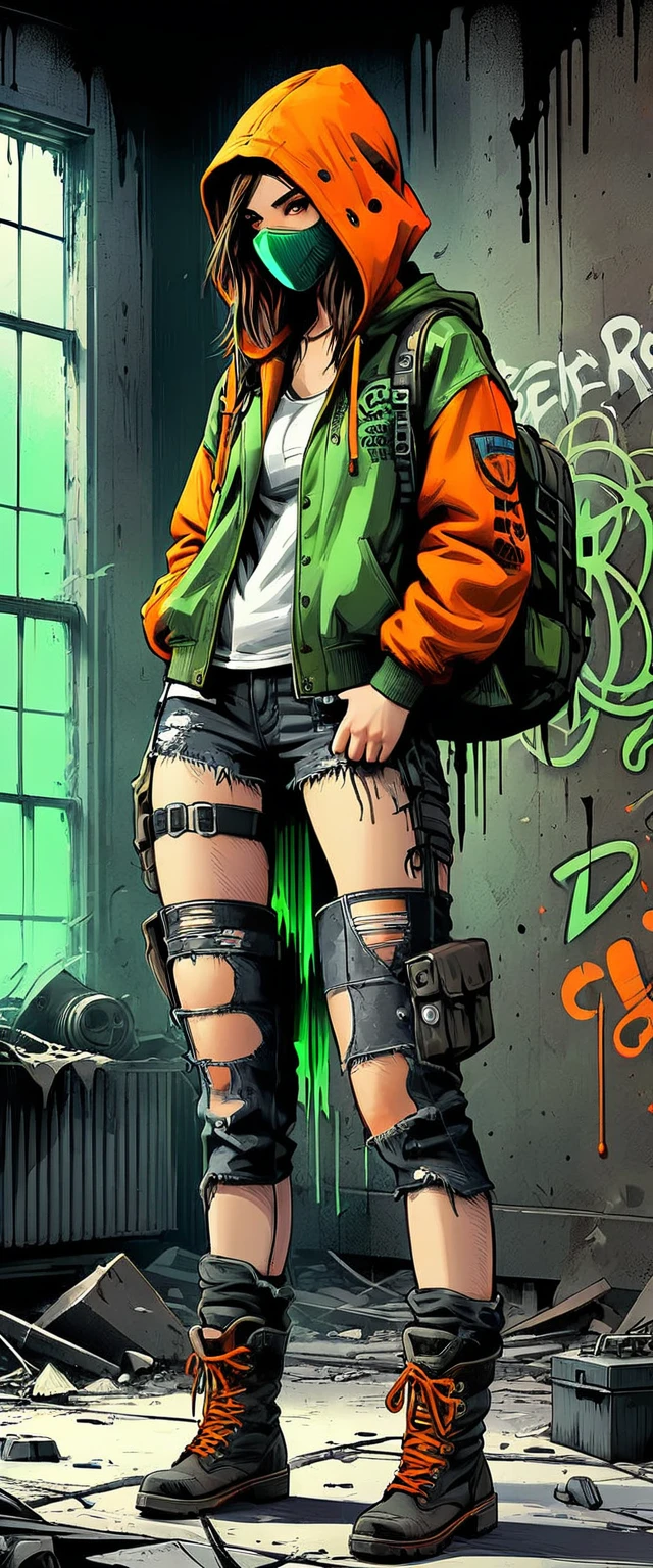 ((post apocalyptic Wasteland, lugar abandonado, escombros, destruction, edificios destruidos graffiti en las paredes:1.5)), ((1 chica hermosa oscuros, ropa hecha jirones con capucha y bazuca en su mano a punto de tirar, dynamic pose, epic:1.6)), ((fondo oscuro, noche de luna llena:1.4)), (Obra maestra),(mejor calidad:1.4), (Ultra high resolution:1.4), pintura detallada, (((Colores oscuros, naranja, verde, amarillo, intrincado:1.5) ), (( post apocalyptic:1.4 )), (( mejor calidad, vibrante, 32K, luces y sombras bien definidas sin texto:1.3).