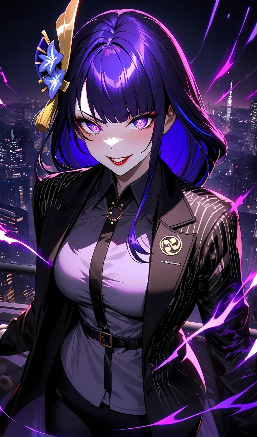 Raiden Shogun,solo,1 girl,tattoo, mafia boss, (wear mafia clothes:1.5), crazy smile, evil aura, villain,night city, ultra-detailed,beautiful detailed eyes,beautiful detailed lips,extremely detailed eyes and face,