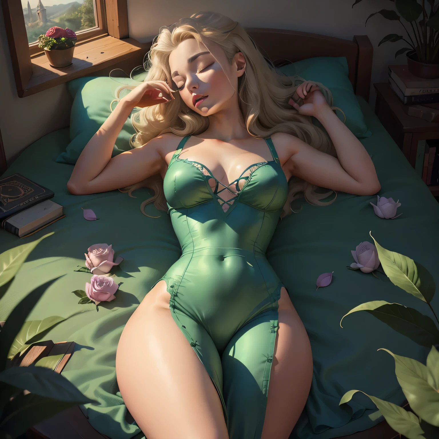 (best quality,4k,8k,highres,masterpiece:1.2),ultra-detailed,realistic:1.37,Divine female curves,sleeping Sleeping Beauty(a representation of Sleeping Beauty) lying in her bed,roses twining around her,window overlooking the castle landscape overgrown with roses,illustration,soft lighting,soft color tones,vibrant roses,historical,enchanted,vivid colors,serene atmosphere.