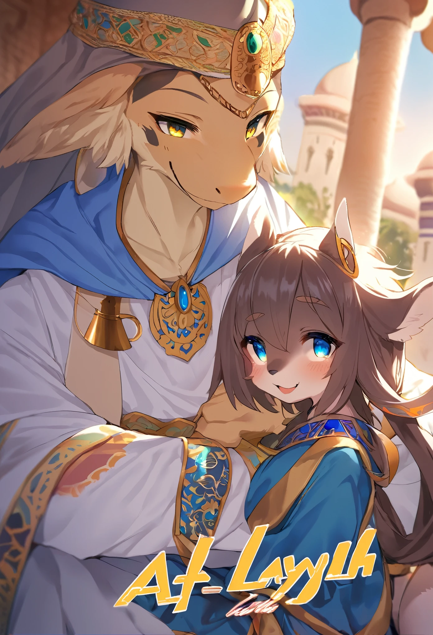 doujinshi cover_page, highres, top quality, best quality, paid reward available, unparalleled masterpiece, perfect artwork, absurdres, High-quality illustrations, super high resolution, detailed background, perfect anatomy(1girl, 1boy, couple, kemono, furry anthro, fearless smile, Arab national costume, lovr romance)The Arabian Nights, Alf Laylah wa Laylah,