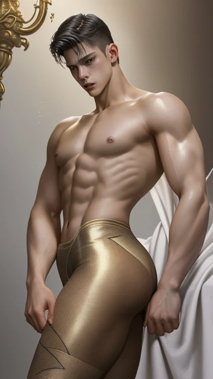 Oil painting, Dragon and A handsome Fifteenth century page Young boy, , athletic build, ideal body, aesthetically beautiful, erotically tempting, seducing, offering himself With a beautiful sexy Tights With round perfect buttocks, muscular, sweaty after a workout, In Silver and gold colors, diamond chips all over the body