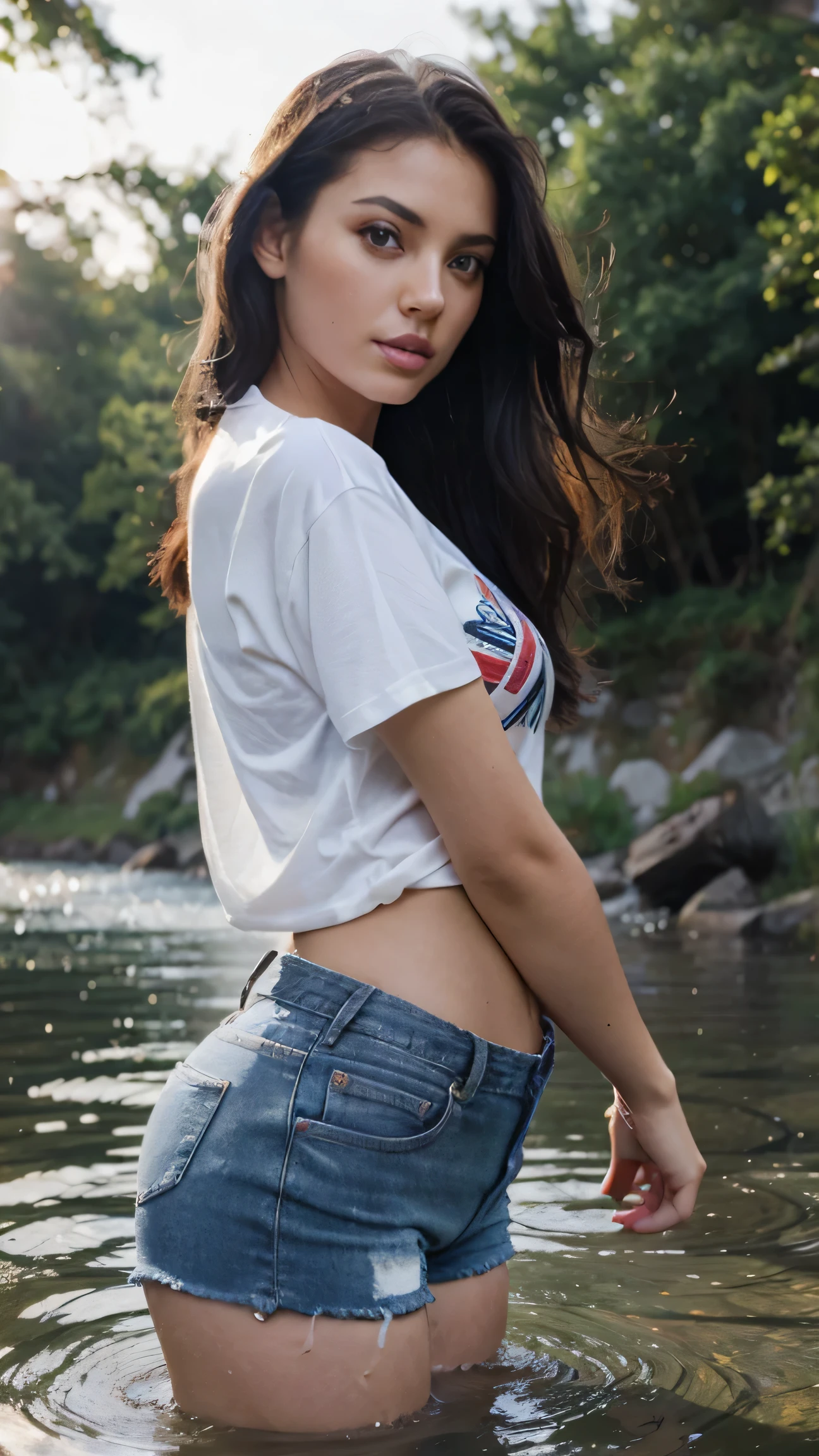 beautiful woman, 23 years old, long, black hair, brunette,in river playing with water, , with sun coming, , professional photo shoot, fashion session, magazine cover,best quality)), ((masterpiece)), (detailed), perfect face, looking hot, gorgeous female jade tailor, sexy look, curvy model, brown hair and a perfect body, portrait sophie mudd, lacey, elegant posed, sexy girl, sultry, wearing jeans shorts and tshirt