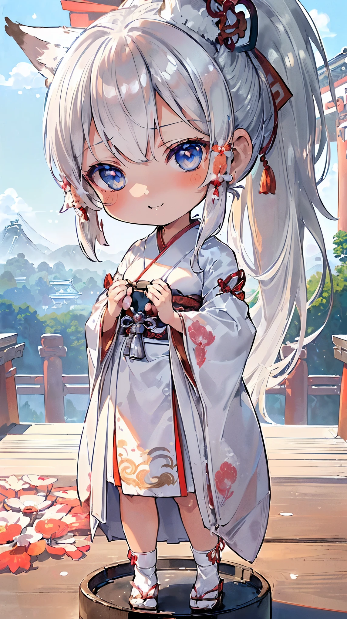 (((Masterpiece))), (((Highest quality))), ((Ultra-detailed)), ((Super fine illustration)), ((Ultra-fine painting)), (16K highest quality wallpaper:1.4), (Chibi:2.0), (Full body:1.6), HDR, (Highly detailed and delicate illustration style:1.8), Detailed skin texture, Detailed cloth texture, Extreme detailed description, (T-masterpiece), (Highly detailed face:1.2), (Highly detailed silver fox ears:1.4), (Highly detailed shiny ponytail:1.2), (Highly detailed beautiful eyes:1.2), Original, RAW photo, Professional, Intricate details, Super details, Direct light:1.6, (Perfect anatomy:1.4), (Highly detailed hands:1.2), (Highly detailed fingers:1.2), (Highly detailed fingertips:1.2), (27-years-old), Real, (Solo:1.6), ((A very beautiful and attractive silver fox model who is a messenger of God and a traditional Japanese sacred shrine maiden:1.4)) BRAKE (Beautiful and adorable silver fox ears:1.8), (Highly detailed and delicate silver fox ears:1.6), (Beautiful and well-shaped big breasts:1.2), (Beautiful and well-shaped buttocks), (Beautiful and shiny silver ponytail:1.6), (Highly detailed and delicate silver ponytail:1.2), (Beautiful clear blue eyes that shine with great detail:1.6), (Highly detailed and delicate blue eyes:1.2), (Highly detailed face:1.4), (Smile:1.3), (Blush:1.2), (Looking at viewer:1.4), (Celebration:1.4), (Standing:1.2) BRAKE ((Brightly white and red colored) and divine traditional shrine maiden costumes at Japanese shrines:1.4), (Japanese divine traditional costume:1.2) BRAKE (Highly detailed and beautiful Ise Grand Shrine in Mie Prefecture just after noon in spring in the background:1.6), (Celebration:1.4), Highly beautiful in the sunny sky background just after noon:1.2 BRAKE