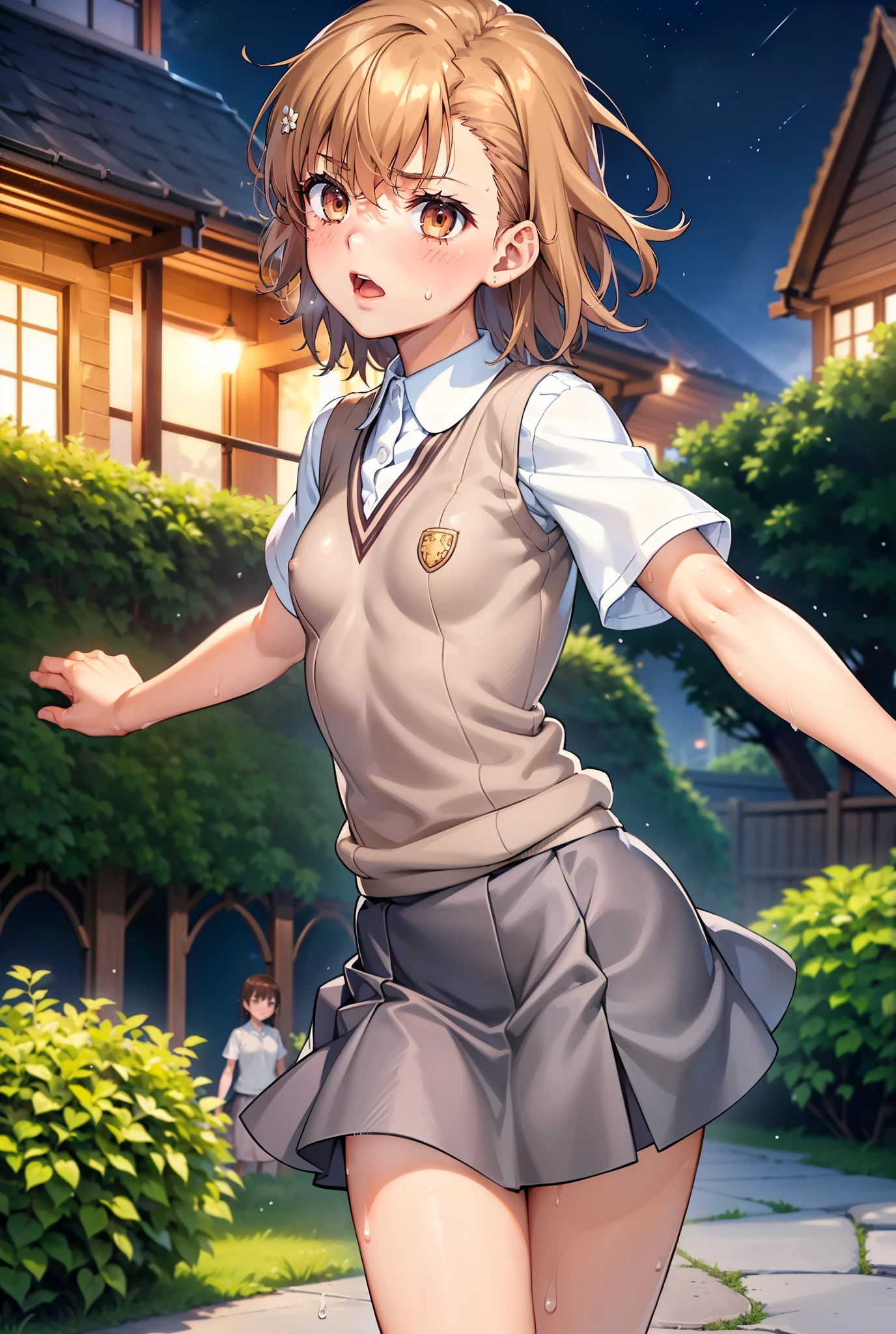 Smooth anime CG art、Focus Only、1 girl、Front view、(((Grey Skirt)))、Sweater vest、Short sleeve、(((Small breasts)))、(((sweat)))、Semi-short hair、(((Sweaty)))、Watery eye、blush、(((Embarrassed look)))、((Open your mouth))、(((Are standing)))、Spread your legs、((garden))、((Night Sky))、Midnight、Outdoor