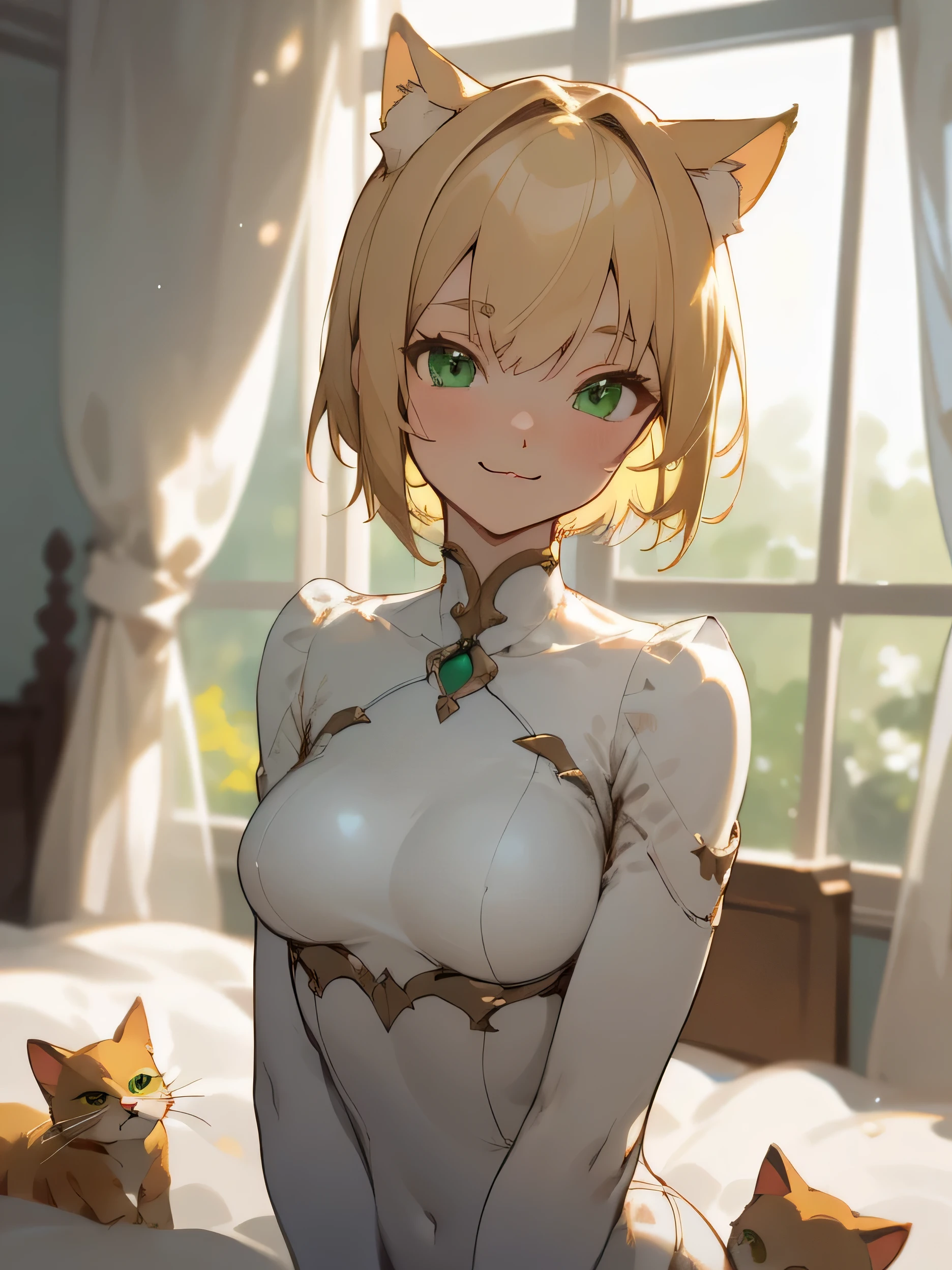 depth of field, perfect lighting, light particles,(best quality),(masterpiece),(ultra detailed),sharp focus, puck, :3, green eyes, blonde hait,short hair, cat ears, smile, solo, pov, close-up, upper body, windows, curtains, bedroom,20 years old,medium breasts,white outfit