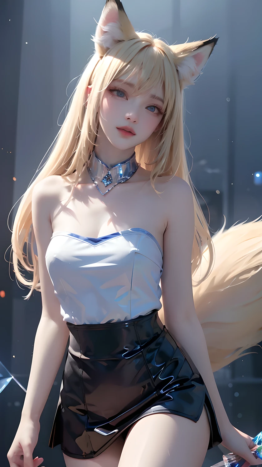 Super Resolution, (Realism: 1.3), 1 (Slim: 1.2) Girl, Solo, Looking at the Audience, League of Legends, Fox, KDA Fox, Blonde Hair, Fox Ears, Fox Tail, Blue Coat, White Top, Black Skirt, Laser, Light Effect, Super Perfect Face, Perfect Eyes, Good Looking, ((Crystal Tail,)) Lots of Tails, Perfect Eyes