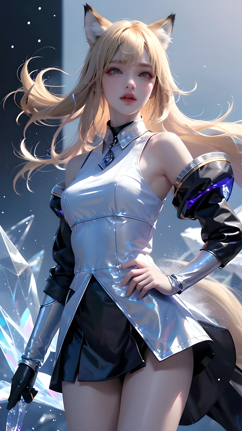 Super Resolution, (Realism: 1.3), 1 (Slim: 1.2) Girl, Solo, Looking at the Audience, League of Legends, Fox, KDA Fox, Blonde Hair, Fox Ears, Fox Tail, Blue Coat, White Top, Black Skirt, Laser, Light Effect, Super Perfect Face, Perfect Eyes, Good Looking, ((Crystal Tail,)) Lots of Tails, Perfect Eyes