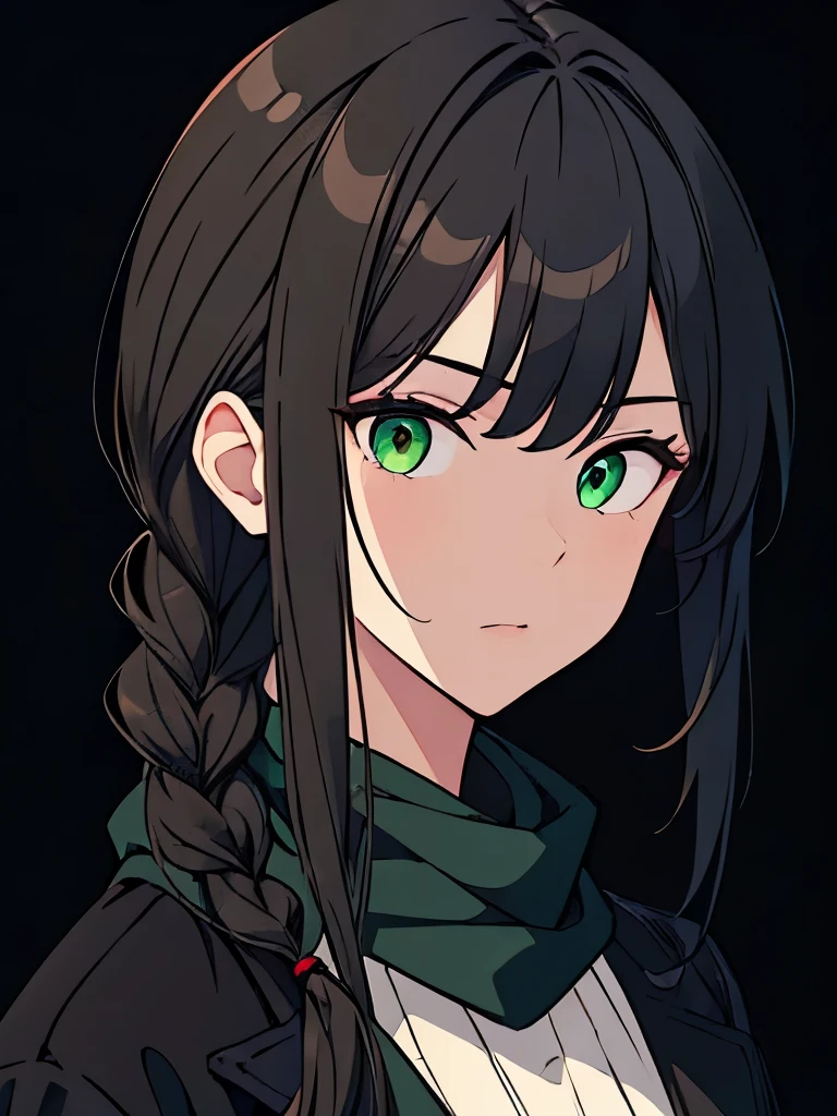 [(black background:1.5)::5], (masterpiece:1.2), (upper body:1.5), (portrait), 1girl, best quality, game cg, perfect face, detailed eyes, shoulder length hair, black hair, green eyes, serious face, looking at viewer, centered, black coat and scarf, single braid