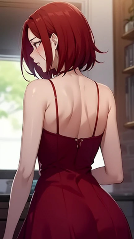 Chica, the captivating anime-style character with short, vivid ruby-red hair and a striking red dress, poses gracefully with her back turned to us, her beautiful face fixated in profile. The soft, illuminating moments of light cascade over her features, bringing out the intricate details – the subtle blush on her cheeks, the captivating sparkle in her eyes that seem to shimmer with inner radiance. Her elegant red dress, clinging to her slender figure, adds a playful edge to her allure. The profile view showcases every detail with meticulous attention, revealing her unique charm and captivating presence.