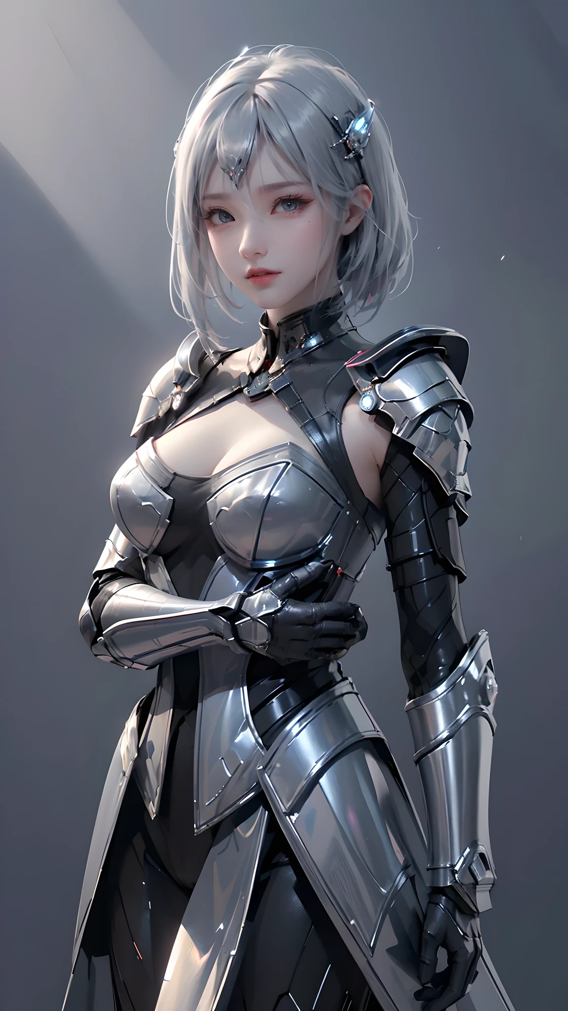 Masterpiece,Game art,The best picture quality,Highest resolution,8K,(Portrait),Unreal Engine 5 rendering works,(Digital Photography),((Portrait Feature:1.5)),
20 year old girl,Short hair details,With long bangs,(The red eye makeup is very meticulous),(With long gray hair:1.4),(Large, full breasts),Elegant and noble,Brave and charming,
(Future armor combined with the characteristics of ancient Chinese armor,Hollow design,Power Armor,The mysterious Eastern runes,A delicate dress pattern,A flash of magic),Warrior of the future,Cyberpunk figures,Background of war,
Movie lights,Ray tracing,Game CG,((3D Unreal Engine)),OC rendering reflection pattern