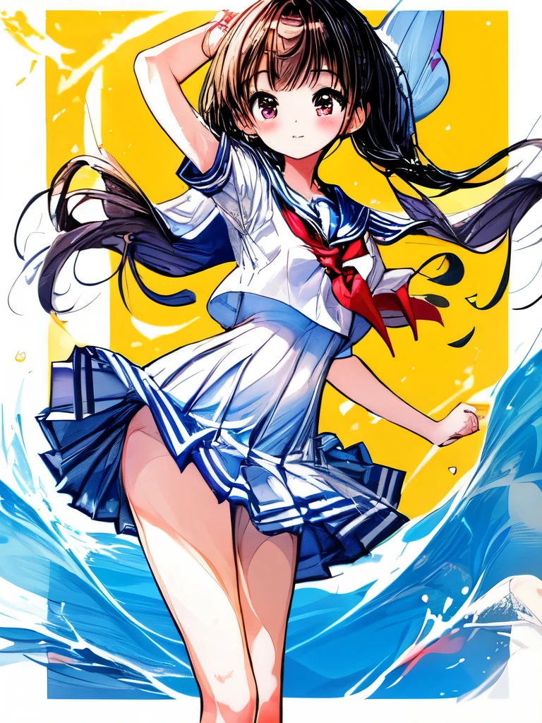 Create an image of a girl, sailor suit, classroom, The image should capture the essence of summer, with a warm and sunny background. The girl should be in a typical summer pose, with a high-contrast effect and a subtle glow. The upper part of the screen should have a darker tone, gradually transitioning into a brighter tone towards the bottom.