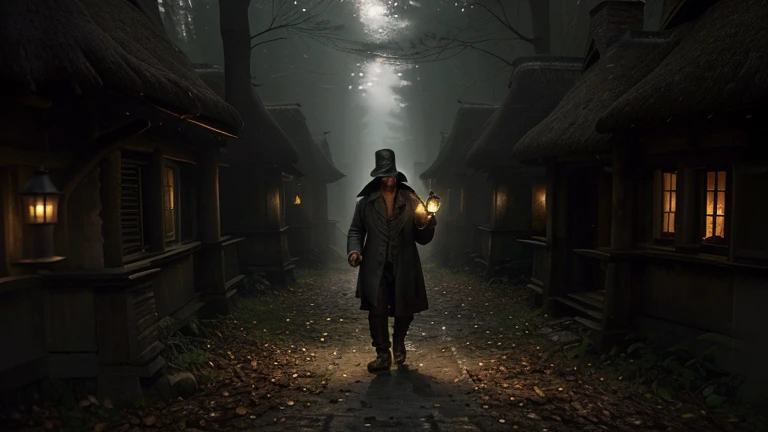 prompt:
strange man dressed in old clothes,walking mysteriously into the village through the dense forest,carrying a flickering lantern,mysterious aura, dark and eerie atmosphere, ancient village hidden in the woods, narrow cobblestone streets, rustic houses with thatched roofs, dense foliage surrounding the village, moonlight casting eerie shadows, mist floating in the air, ancient secrets waiting to be unraveled, silence broken only by the rustling of leaves, time stands still in this forgotten place, a sense of foreboding in the air.
(high-quality,4k,8k,highres,masterpiece:1.2),ultra-detailed,realistic(photorealistic,photo-realistic:1.37),dark and moody lighting, rich and vibrant colors, cinematic composition, use chiaroscuro to create dramatic effect, emphasize the wrinkles on the man's face, shadows cast by the flickering lantern, capture the man's intense gaze, highlight the texture and details of his old clothes, create an air of mystery and intrigue, capture the beauty of the moonlit forest, evoke a sense of nostalgia and wonder, create a sense of anticipation and curiosity, transport the viewer to a different time and place.
