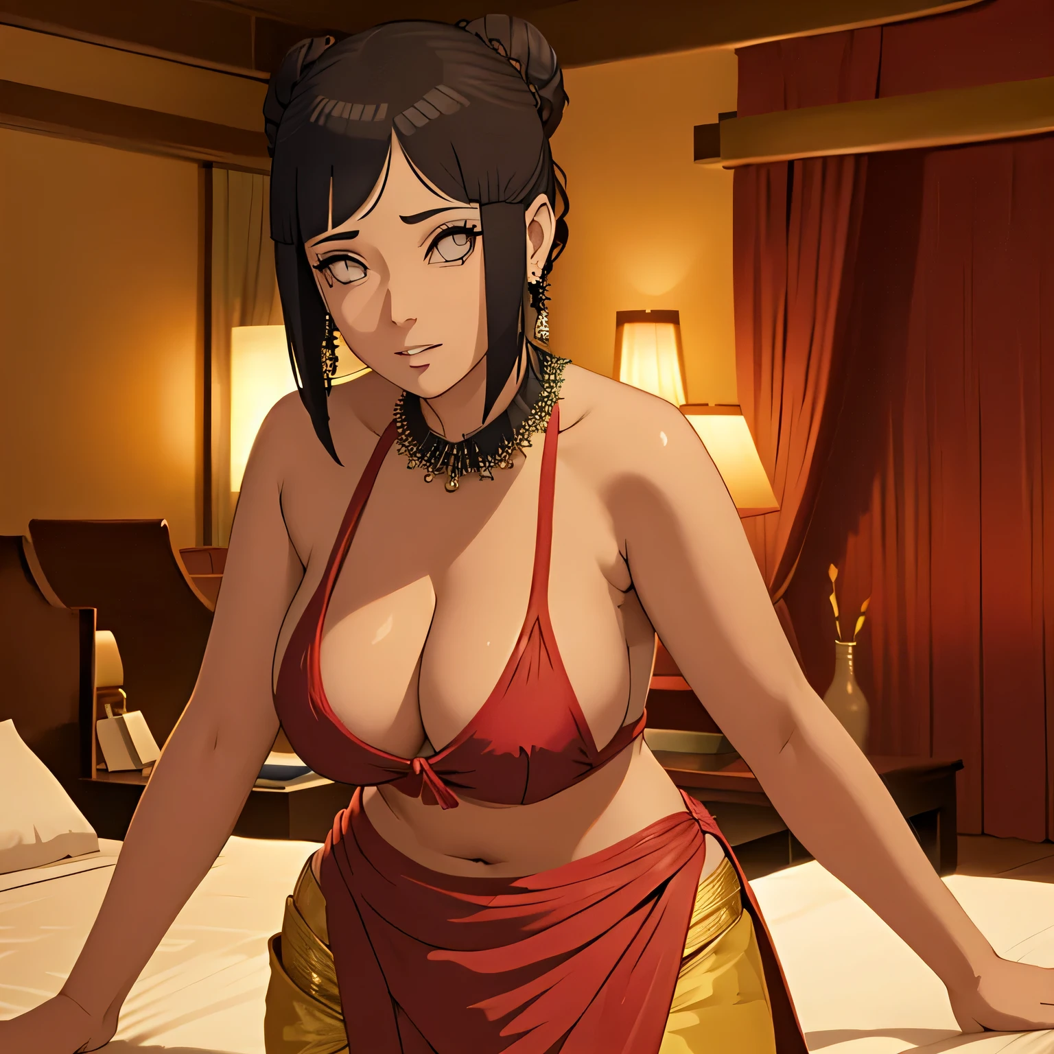 Sexy woman who is wearing a backless blouse and a saree and hair tied in a bun, her big breast, tiny room, light room, one lamp, sweaty, pleasure