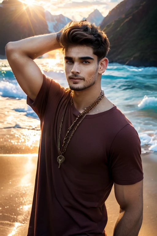 (masterpiece,best quality,photorealistic, DSLR,F/1.2) (man 22 years old on the beach ) (full-length photo) (perfect angle) (mountains in the background ) (man has brown hair, oval face stretched upwards, hairstyle - underrcut, short hair) (color Porta 160, iPhone 15 pro photo) (unprocessed photo) (man is wearing maroon T-shirt,bronze chain around his neck, expensive watch on his arm.) (natural light)