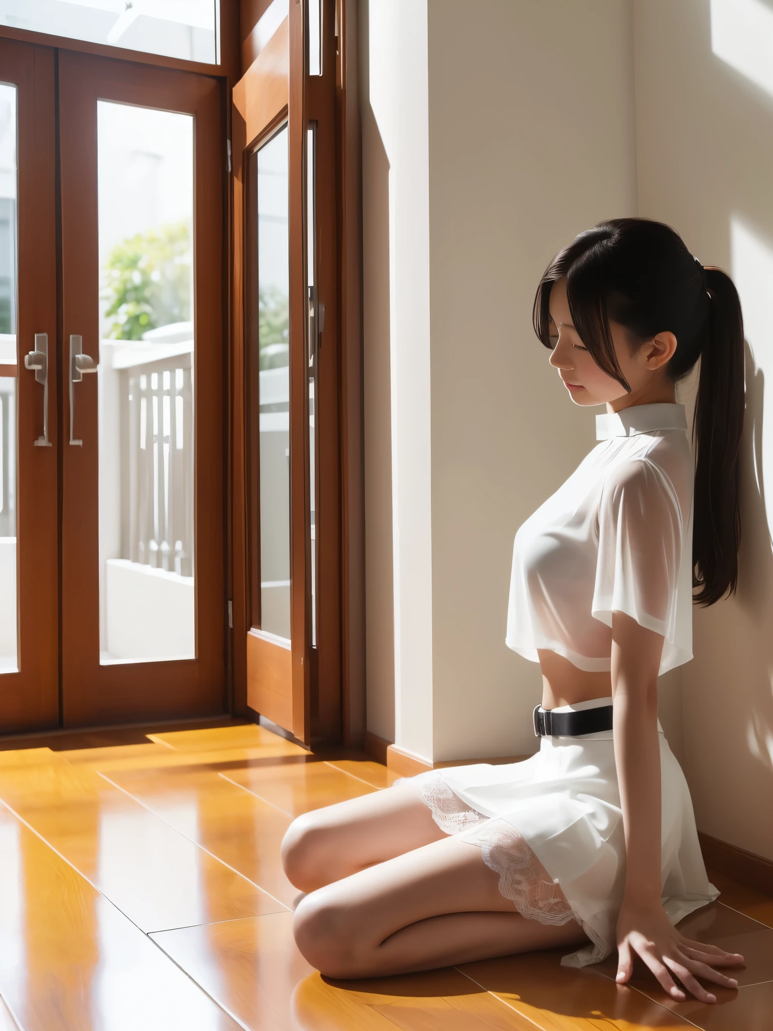((Full body:1.2,Voyeur from the side:1.2,from a distance:1.2)),3 Japanese girls,kneeling,arms behind back,blushing and embarrassed face,summer casual style,See-through white blouse,See-through white flare skirt,white choker,See-through white Panty,white high heels,slim body shape,from below,realistic,best quality,ultra-detailed,high resolution,beautiful white skin,looking at another,flooring room