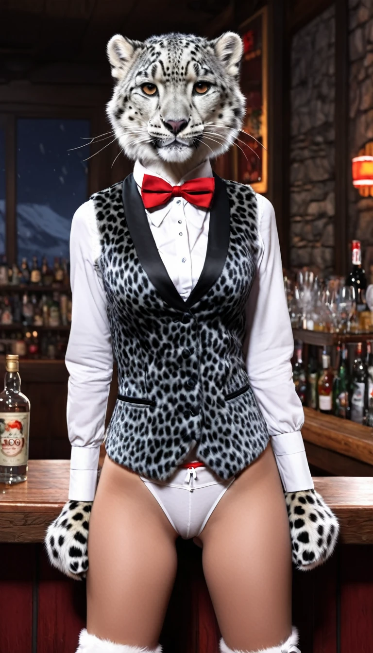 top quality, best quality, High-quality illustrations, masterpiece, super high resolution, detailed background, female snow leopard bartender, (kemono, furry anthro), tight waistcoat, red bow tie, furry white panties, chest fur, paws, llght fur on legs, bar, cocktail, absurdres(highly detailed beautiful face and eyes)perfect anatomy, expression, good lighting, cinematic shadow, assorted poses, dynamic angle,