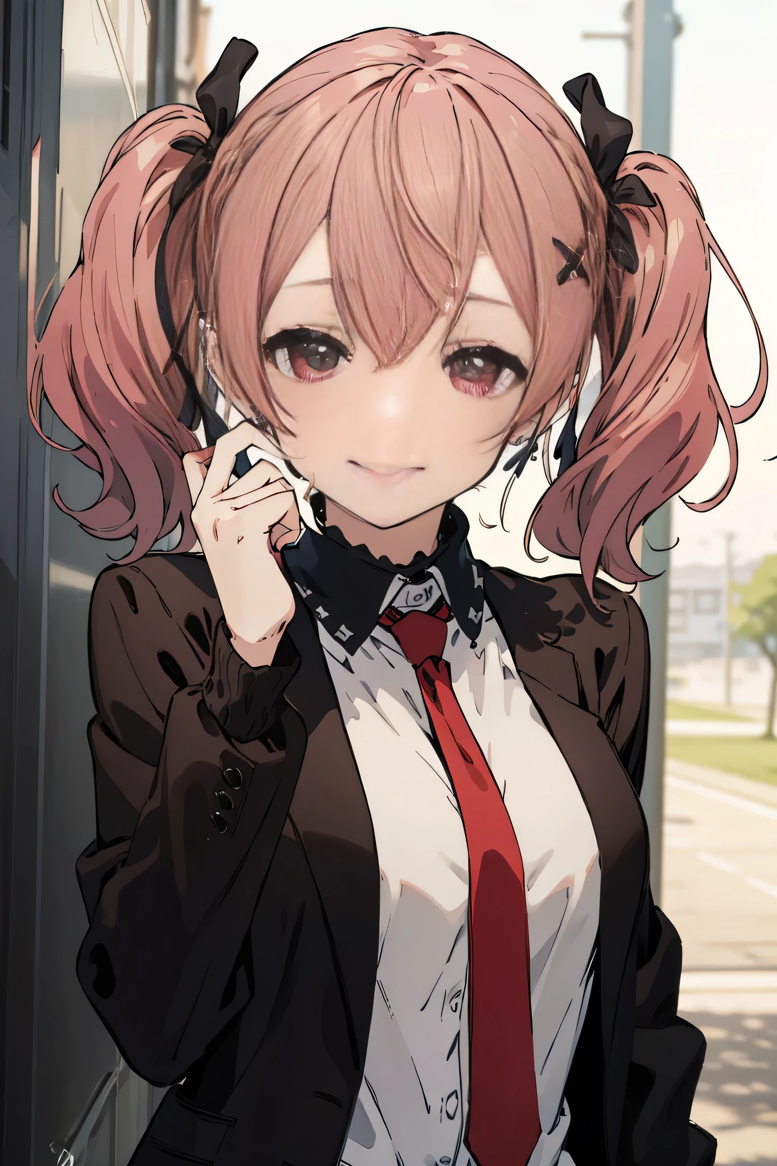 Pink Hair、Red eyes、 girl、Small breasts、Twin tails、Laughter、Nico Nico Smile、wearing a knit cardigan、Wink、 girl、Looks about 、Petan Musume、girl、Black suit、White shirt、 girl、accessories、ear piercing、Cute hairpin、hair ornaments、Gal-like、at school、The look of temptation、sexy、My tie is loose、The chest is slightly visible.