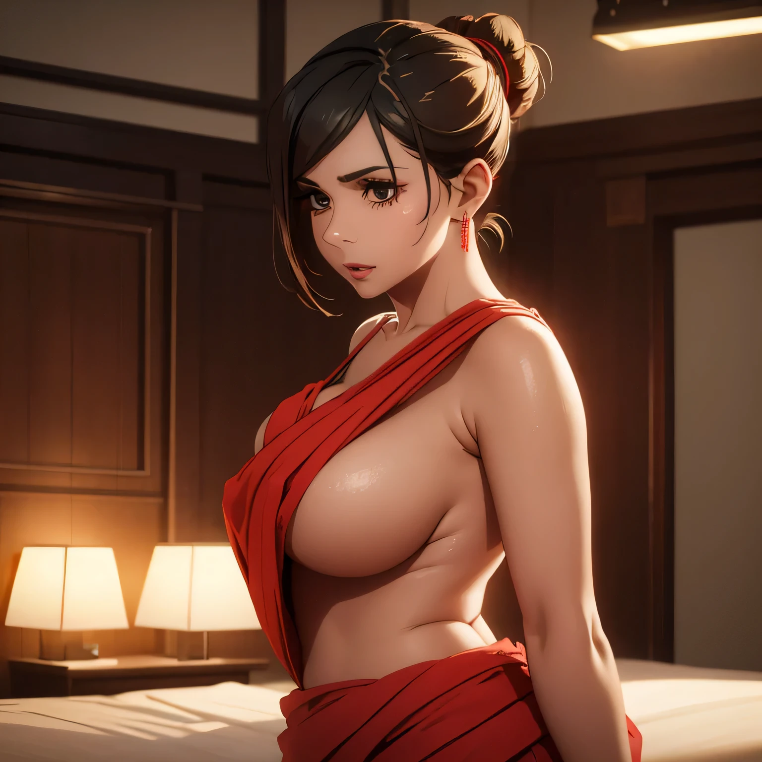 Sexy woman who is wearing a backless blouse and a saree and hair tied in a bun, her big breast, tiny room, light room, one lamp, sweaty, pleasure