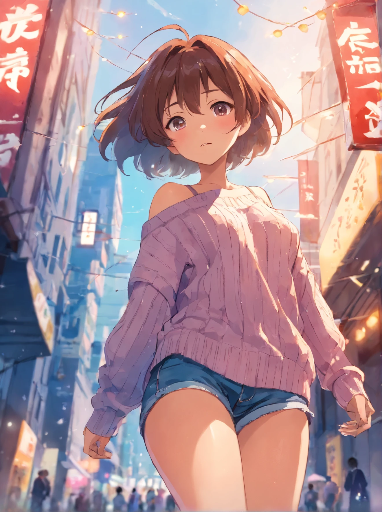 (), big ,(masterpiece), best quality, extremely detailed, (watercolor), bloom, delicate and beautiful, illustration, (from below),(1girl:1.4), (solo:1.2), large breasts, (ribbed sweater:1.3), off-shoulder sweater, (short shorts:1.2), bare shoulders, (underboob), ((dark skin:0.8)), beautiful eyes, (disheveled hair ), photography, over-the-shoulder shot, by Alex Maleev, professional, canon camera, nikon camera, sharp, bokeh, studio quality, fisheye lens, by Robert Capa ,