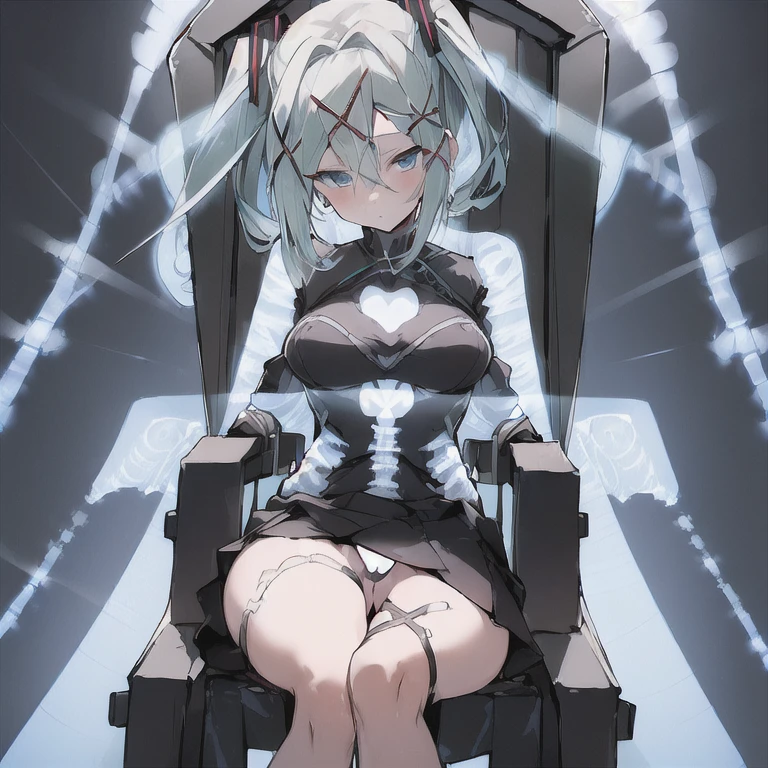 ( ((((x-ray)))), Pov, m-shaped spreading legs, sitting on throne, ), (blazer, ), accessory, (masterpiece, best quality, ultra detailed), (pov, cinematic lighting, hetero, in nanoha style, girls, spreading legs, cameltoe, skirt , detailed pointy breasts, detailed skin, ), (chained, restrained, ), (Miku, ),