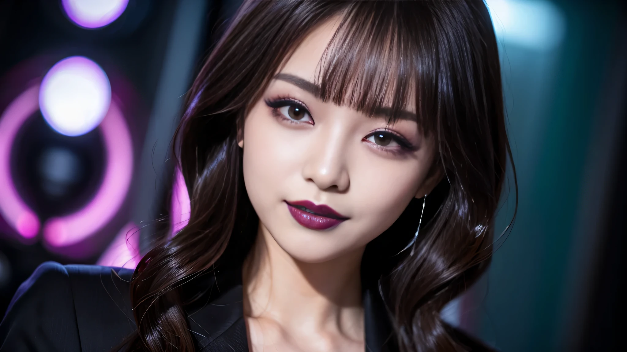 best quality、ultra-detailed、4k、Japanese、Seductive beauty、seductive adult woman、Pretty Woman、cool girl、Villainess、Brainwashed、brainwash、Fallen into evil、smirk、Evil look、Wicked Smile、evil、Brown hair、wavy hair、swept bangs、dark makeup、dark makeup、piercing eyes、hollow eyes,half-closed eyes、Hollow Eyes、purple Eyeshadow、black lipstick、black lipglos、suit、Jacket、night、inside darkroom、Seduce、Applying lipstick、
