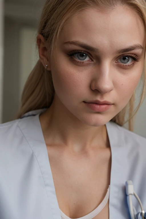 A troubled looking 22 yo Russian woman in a white nurse uniform. Close up, hospital, cleavage 