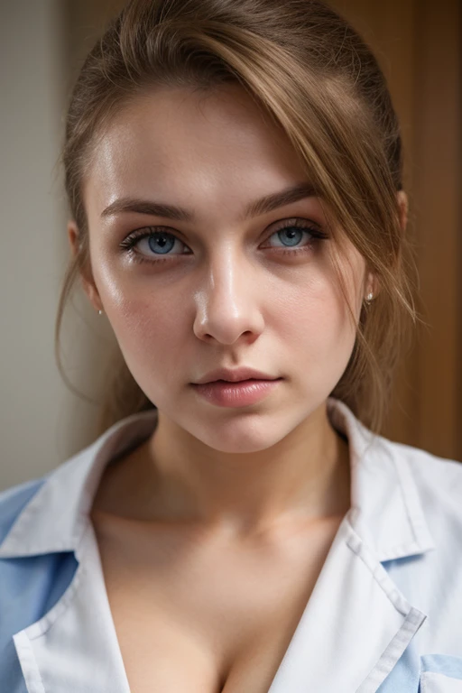 A troubled looking 22 yo Russian woman in a white nurse uniform. Close up, hospital, cleavage 