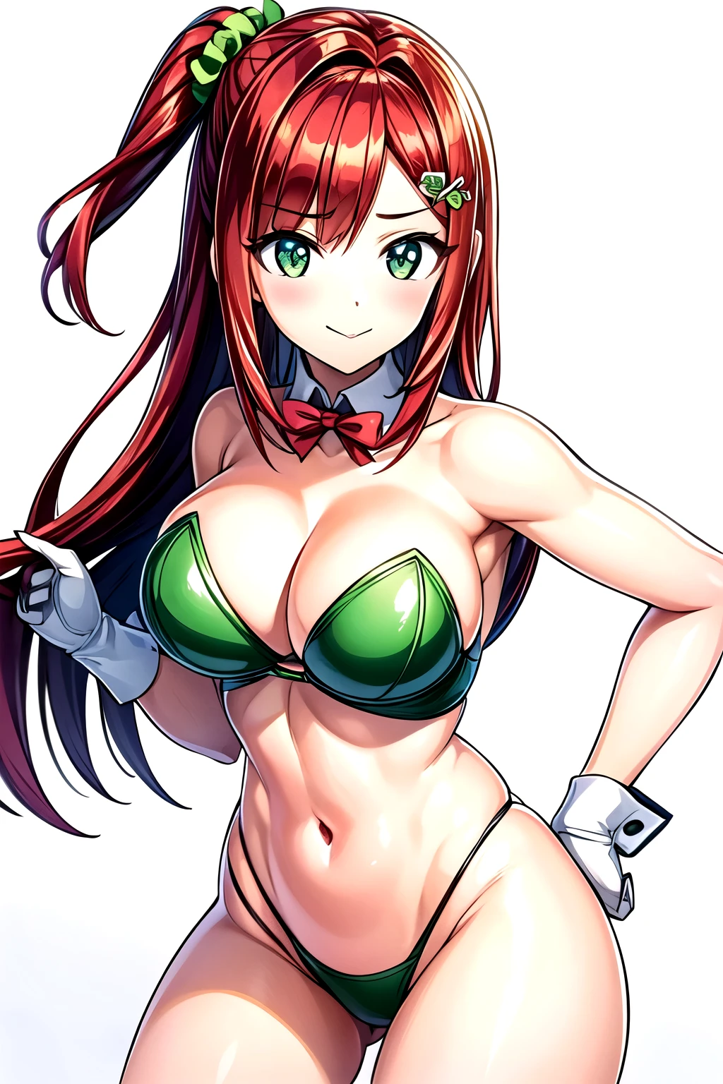 masterpiece, best quality, ultra-detailed, shiny skin, professional lighting, sakimiyairuka, one side up, green scrunchie, hair ornament, red hair, green eyes, perfect face, large ass,Firm stomach,groin, playboy bunny