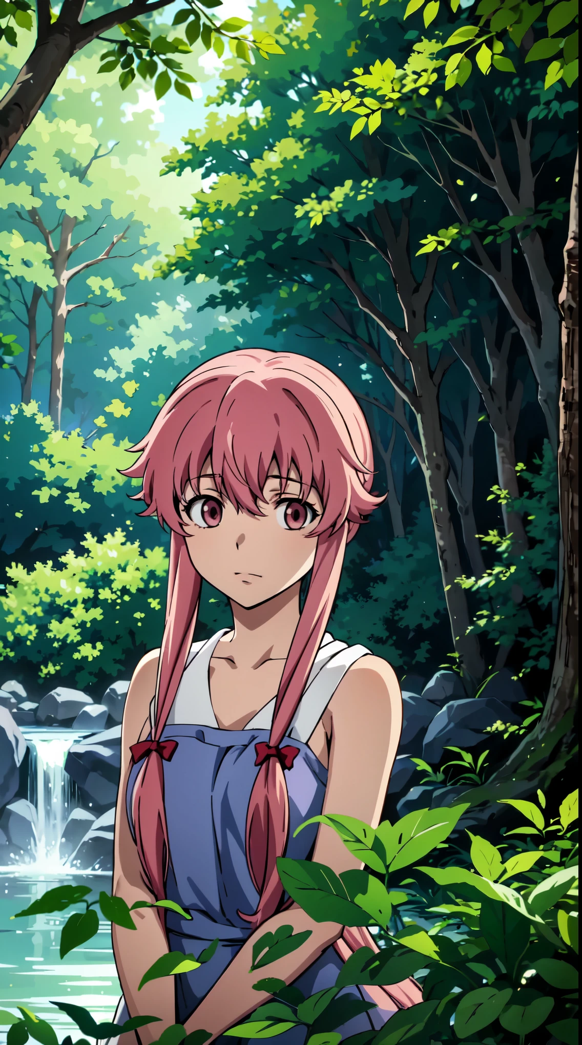 in the woods. She is wearing a white summer dress with floral patterns, and her long pink hair is flowing in the gentle breeze. Her eyes are intense and filled with a mix of determination and madness. 
The sunlight filters through the leaves, creating a dappled effect on the forest floor. The trees surrounding Yuno are tall and majestic, their trunks covered in moss and ivy. Butterflies and dragonflies flit around her, adding a touch of whimsy to the scene. 
Yuno is standing near a serene lake, its clear waters reflecting the surrounding nature. The lake is surrounded by colorful wildflowers and grass, creating a vibrant and lively atmosphere. In the distance, a waterfall cascades down from the rocks, creating a soothing sound that adds to the peacefulness of the scene.
The overall color palette is vibrant and saturated, with a mixture of warm and cool tones. The lighting is soft and diffused, casting gentle shadows on Yuno and the surrounding environment. There is a sense of tranquility and serenity in the air, despite Yuno's slightly unsettling presence.
The prompt captures the essence of Gasai Yuno from Mirai Nikki, showcasing her beauty, intensity, and the mysterious aura that surrounds her. The level of detail and quality in the generated image will be exceptionally high, bringing Yuno to life in a realistic and captivating way.