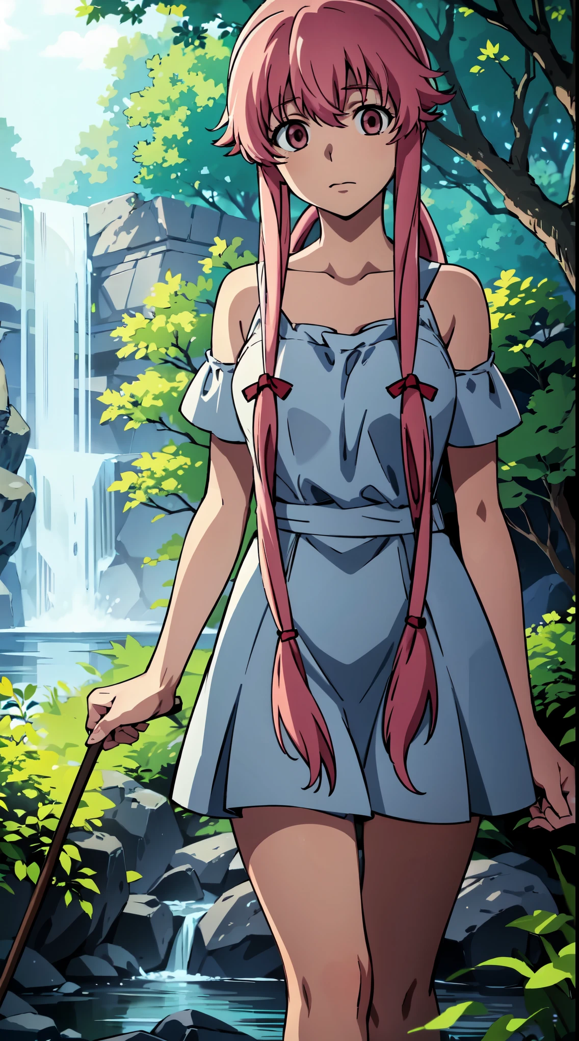 in the woods. She is wearing a white summer dress with floral patterns, and her long pink hair is flowing in the gentle breeze. Her eyes are intense and filled with a mix of determination and madness. 
The sunlight filters through the leaves, creating a dappled effect on the forest floor. The trees surrounding Yuno are tall and majestic, their trunks covered in moss and ivy. Butterflies and dragonflies flit around her, adding a touch of whimsy to the scene. 
Yuno is standing near a serene lake, its clear waters reflecting the surrounding nature. The lake is surrounded by colorful wildflowers and grass, creating a vibrant and lively atmosphere. In the distance, a waterfall cascades down from the rocks, creating a soothing sound that adds to the peacefulness of the scene.
The overall color palette is vibrant and saturated, with a mixture of warm and cool tones. The lighting is soft and diffused, casting gentle shadows on Yuno and the surrounding environment. There is a sense of tranquility and serenity in the air, despite Yuno's slightly unsettling presence.
The prompt captures the essence of Gasai Yuno from Mirai Nikki, showcasing her beauty, intensity, and the mysterious aura that surrounds her. The level of detail and quality in the generated image will be exceptionally high, bringing Yuno to life in a realistic and captivating way.