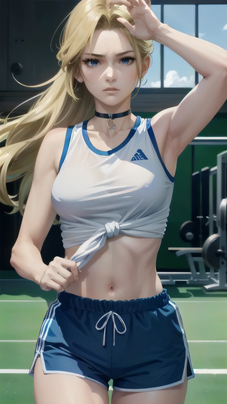 ((ultra detailed, masterpiece, absurdres)) Workout gym background, Body facing viewer,SplitScreen, split screen, DOAHelena, 1girl, long hair, blonde hair, in training wears, navel (choker, blue choker), (Sport shirt, White shirt, Blue outline on shirt, the shirt is tied, Sleeveless), watch on the wrist, (Sport shorts, Blue Shorts), Angry faces, clenched teeth,