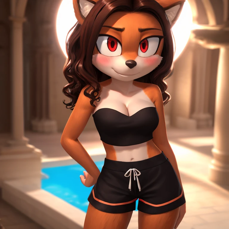 mobian, hedgehog, two-tone fur ((orange fur, brown fur)), pyjama elastic shorts, strapless crop top, cleavage, high-top sneakers, two-tone hair (brown hair, black tip)), curly hair, halo, sunglasses, jewelry, red eyes, longeyelashes, red eyes, smile, shy, blush, high detail, masterpiece, UHD, anatomically correct, super detail, highres, 4K