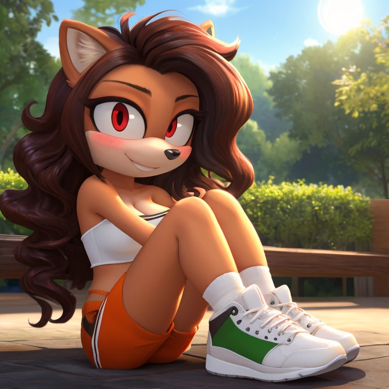 mobian, hedgehog, two-tone fur ((orange fur, brown fur)), pyjama elastic shorts, strapless crop top, cleavage, high-top sneakers, two-tone hair (brown hair, black tip)), curly hair, halo, sunglasses, jewelry, red eyes, longeyelashes, red eyes, smile, shy, blush, high detail, masterpiece, UHD, anatomically correct, super detail, highres, 4K