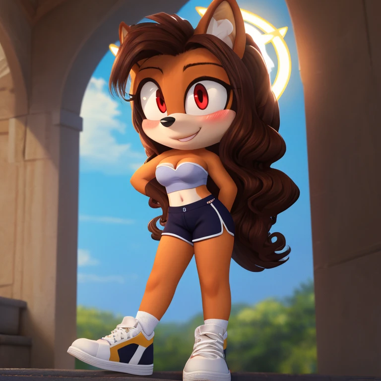 mobian, hedgehog, two-tone fur ((orange fur, brown fur)), pyjama elastic shorts, strapless crop top, cleavage, high-top sneakers, two-tone hair (brown hair, black tip)), curly hair, halo, sunglasses, jewelry, red eyes, longeyelashes, red eyes, smile, shy, blush, high detail, masterpiece, UHD, anatomically correct, super detail, highres, 4K