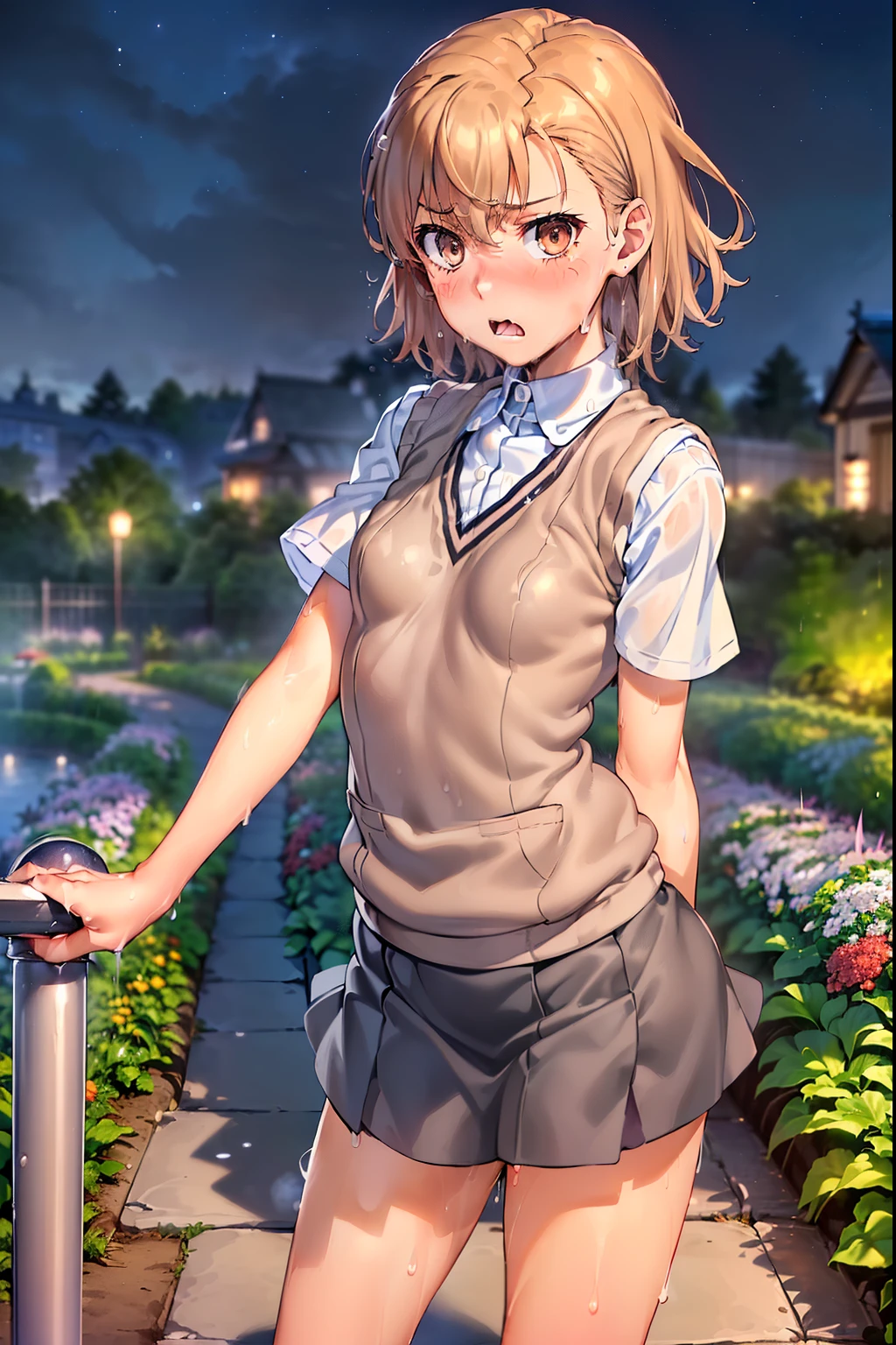 Smooth anime CG art、Focus Only、1 girl、Front view、(((Grey Skirt)))、(((weater vest、Short sleeve、(((Small breasts)))、(((sweat)))、Semi-short hair、(Sweaty)、Watery eye、blush、(((Embarrassed look)))、((Open your mouth))、(((Are standing)))、Spread your legs、((garden))、((Night Sky))、Midnight、Outdoor