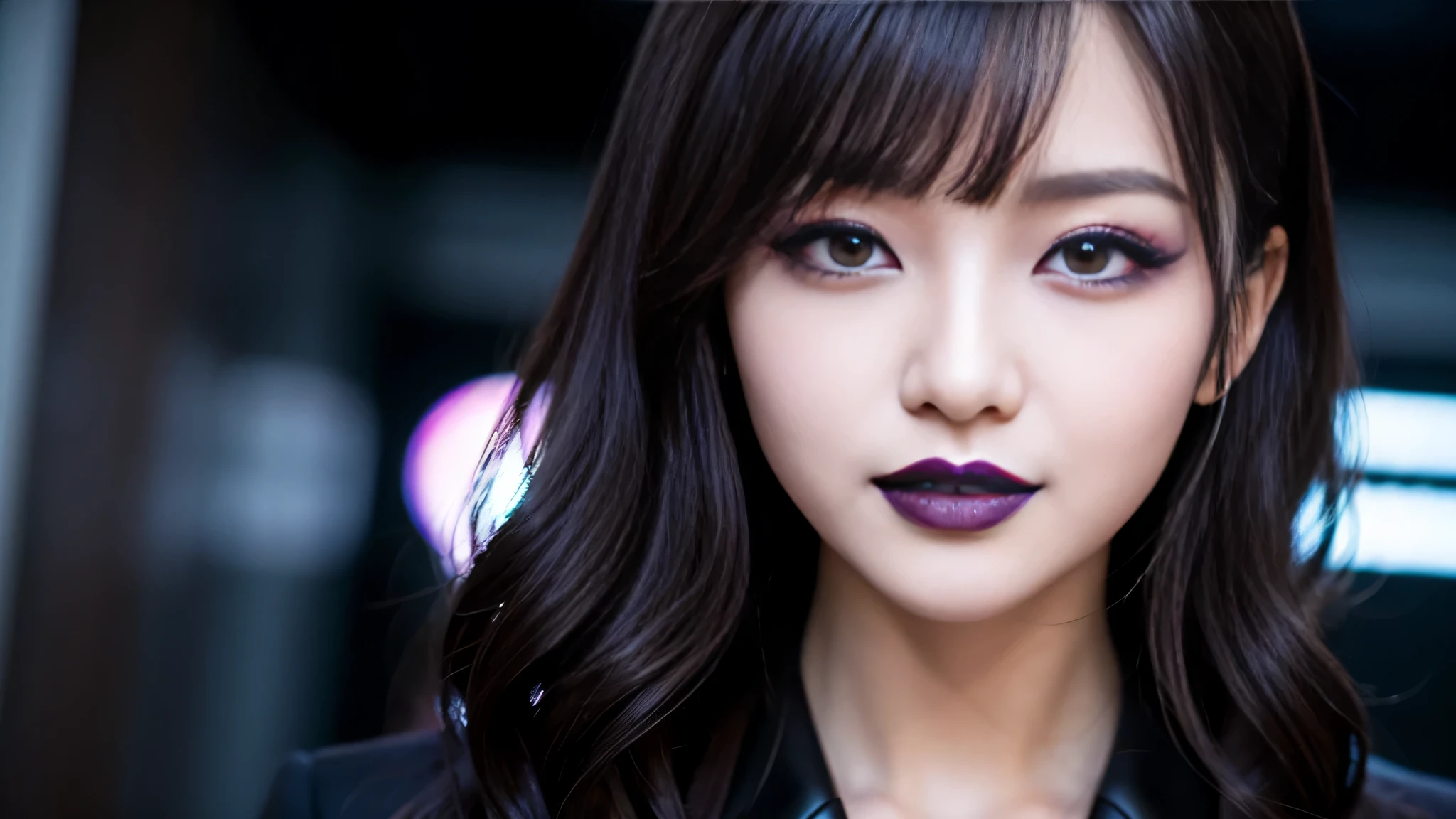 best quality、ultra-detailed、4k、Japanese、Seductive beauty、seductive adult woman、Pretty Woman、cool girl、Villainess、Brainwashed、brainwash、Fallen into evil、smirk、Evil look、Wicked Smile、evil、Brown hair、wavy hair、swept bangs、dark makeup、dark makeup、piercing eyes、hollow eyes,half-closed eyes、Hollow Eyes、purple Eyeshadow、black lipstick、black lipglos、suit、Jacket、night、inside darkroom、Seduce、Applying lipstick、